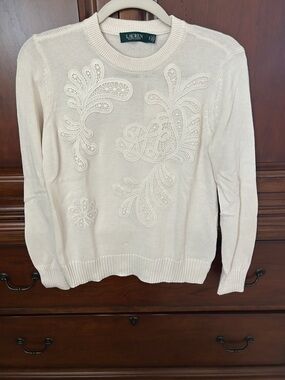 Lauren Ralph Lauren Ivory Crewneck Sweater with Lace Applique